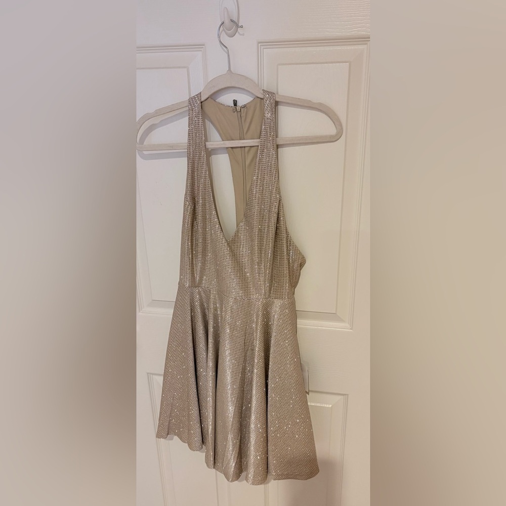 Lulu's Champagne Sparkle Plunge Skater Dress